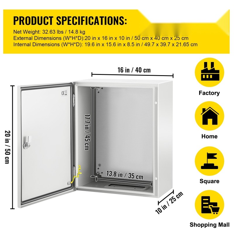 Teräksinen sähkökotelo 1,5 mm kylmävalssattu 50x40x25 cm IP66 sinkitty taustalevy