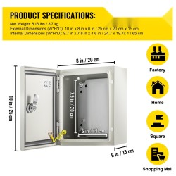 Teräksinen sähkökotelo 25x20x15 cm IP66 NEMA 4X lukittava irrotettava asennuslevy