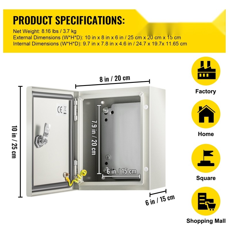 Teräksinen sähkökotelo 25x20x15 cm IP66 NEMA 4X lukittava irrotettava asennuslevy