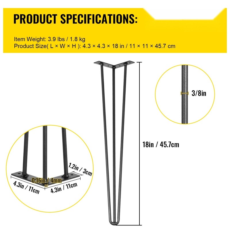 Hiusneulapöydän jalat hiilikuituteräs 3-tankoiset 45,7 cm musta 4 kpl 100 kg kantavuus