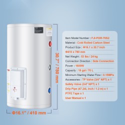 Sähköinen säiliövesivaraaja 70 l 1600 W kylmävalssattu hiiliteräs LED-näyttö roiskesuoja sivuliitäntä