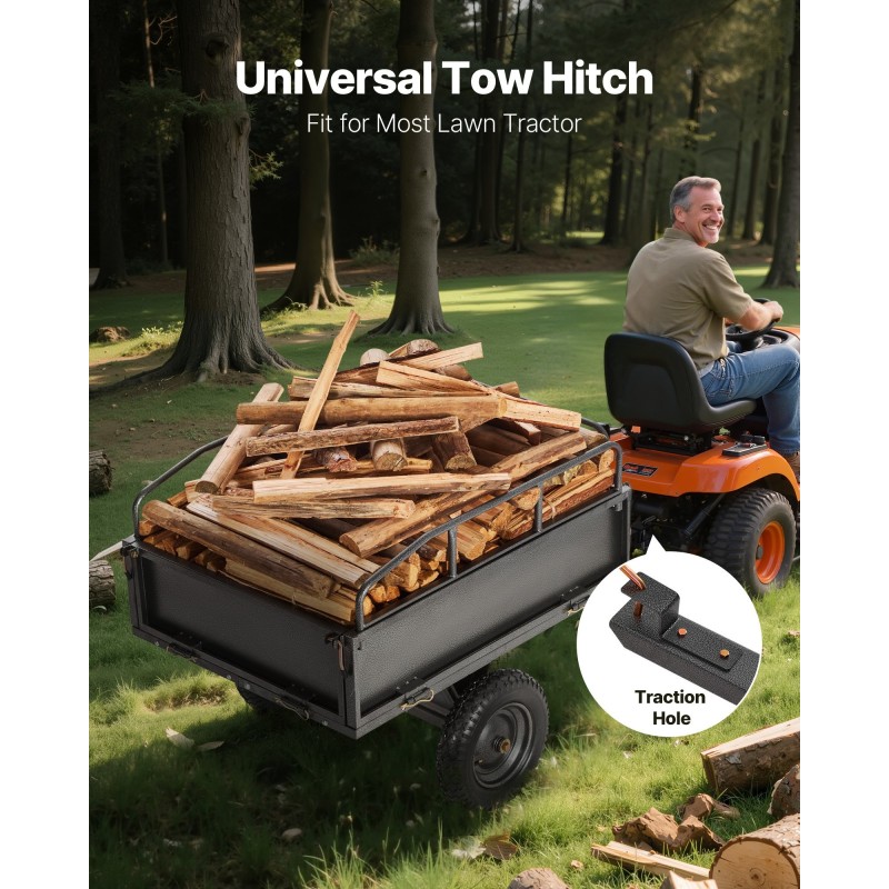 Teräksinen puutarhavaunu 227 kilogramman kantavuus mönkijän ja ruohonleikkurin perään 14 tuuman renkaat