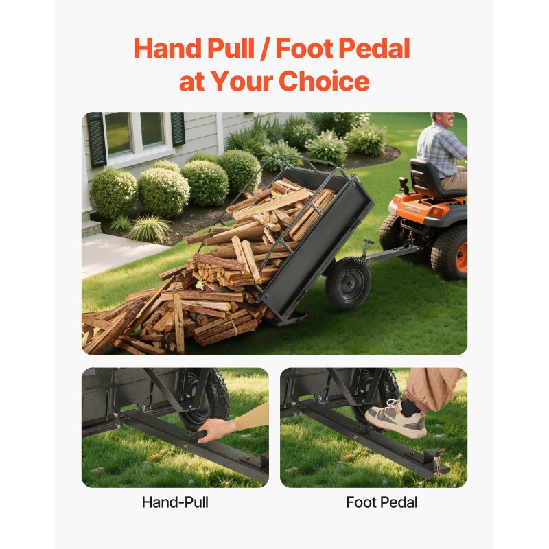 Teräksinen puutarhavaunu 227 kilogramman kantavuus mönkijän ja ruohonleikkurin perään 14 tuuman renkaat