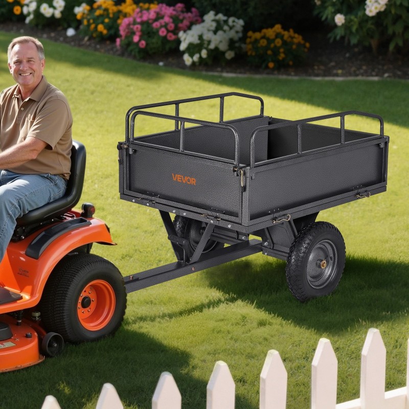 Teräksinen puutarhavaunu 227 kilogramman kantavuus mönkijän ja ruohonleikkurin perään 14 tuuman renkaat