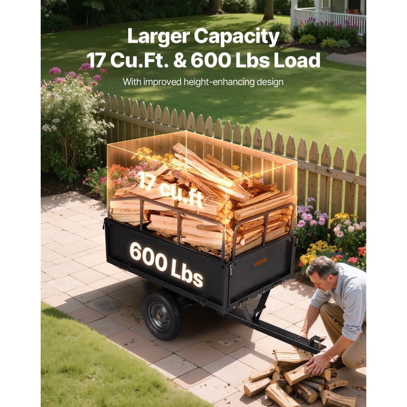 Teräksinen kippikärry puutarhaan 17 kuutiojalkaa 272 kilogramman kantavuus 16 tuuman renkaat