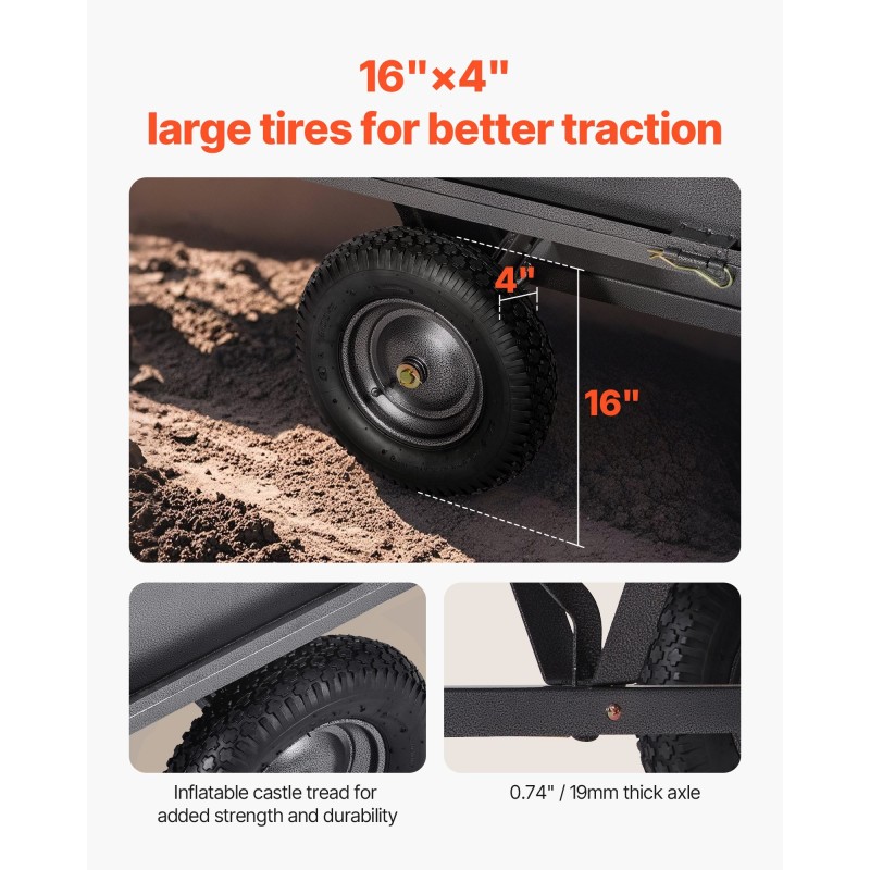 Teräksinen kippikärry puutarhaan 17 kuutiojalkaa 272 kilogramman kantavuus 16 tuuman renkaat