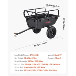 Puutarhavaunu PP-muovikori 10 kuutiojalkaa 227 kilogramman kantavuus 16 tuuman renkaat