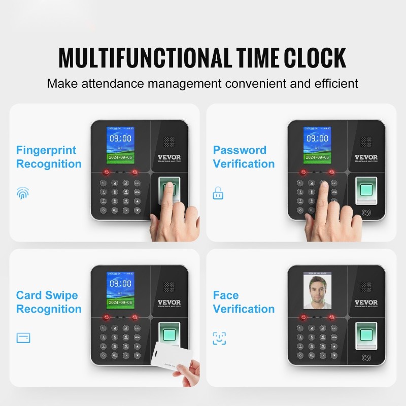 Työajanseurantalaite ABS-muovinen kasvo- ja sormenjälkitunnistus 5 RFID-korttia PIN-koodilla ei kuukausimaksuja