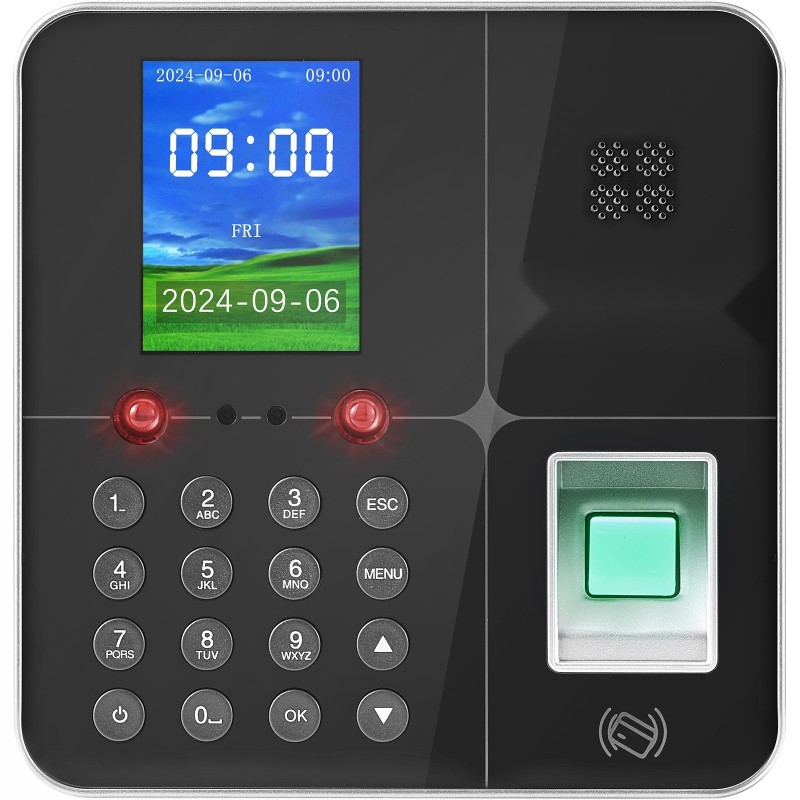 Työajanseurantalaite ABS-muovinen kasvo- ja sormenjälkitunnistus 5 RFID-korttia PIN-koodilla ei kuukausimaksuja