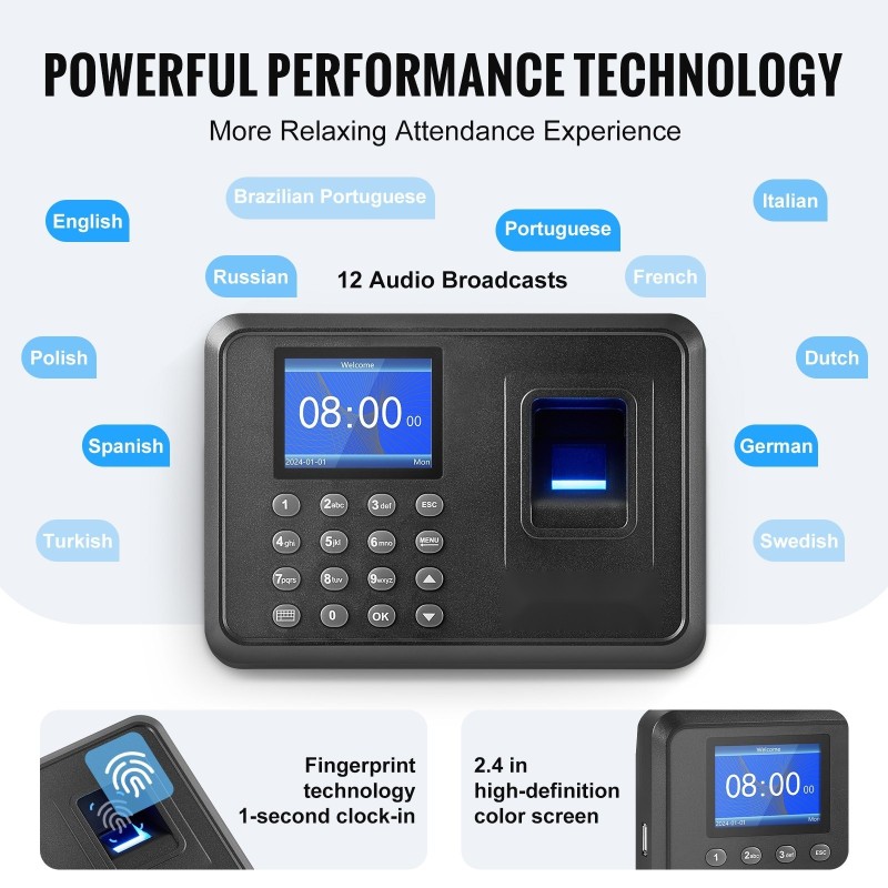 Työajanseurantalaite sormenjälkitunnistuksella ja salasanalla 2,4-tuumainen näyttö USB-muistille seinäkiinnitys