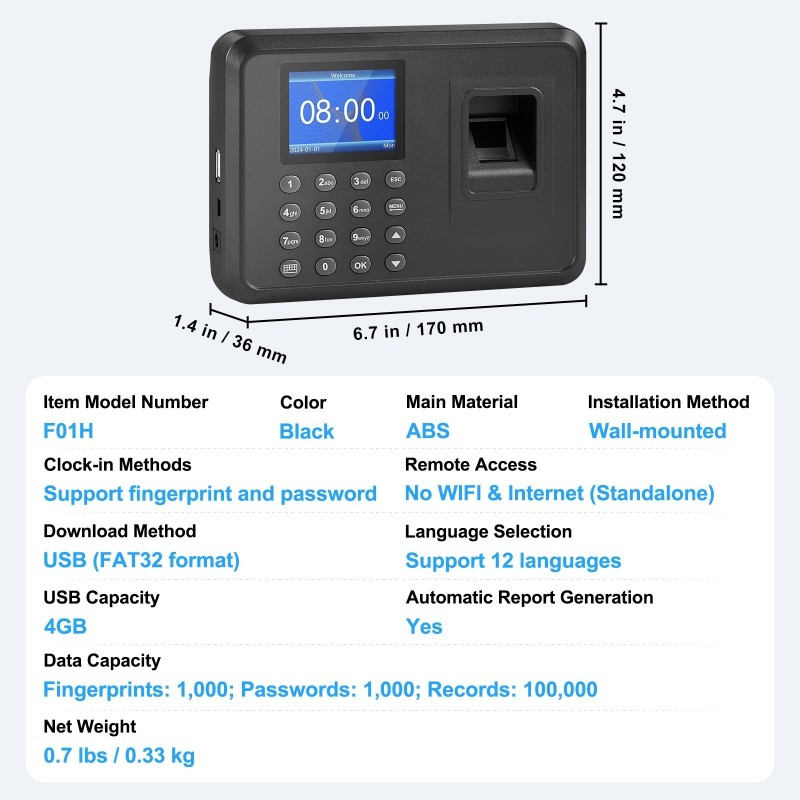 Työajanseurantalaite sormenjälkitunnistuksella ja salasanalla 2,4-tuumainen näyttö USB-muistille seinäkiinnitys