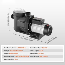 Uima-allaspumppu maanpäällisiin altaisiin 1500 W 2 hv kaksinopeuksinen PP-kotelo 33000 l/h