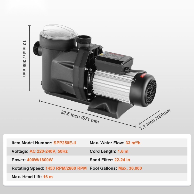 Uima-allaspumppu maanpäällisiin altaisiin 1500 W 2 hv kaksinopeuksinen PP-kotelo 33000 l/h