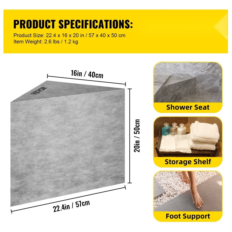 Laatoitettava EPS-komposiittinen suihkuistuin nurkkaan 57x40x50 cm vesitiivis 200 kg kantavuus