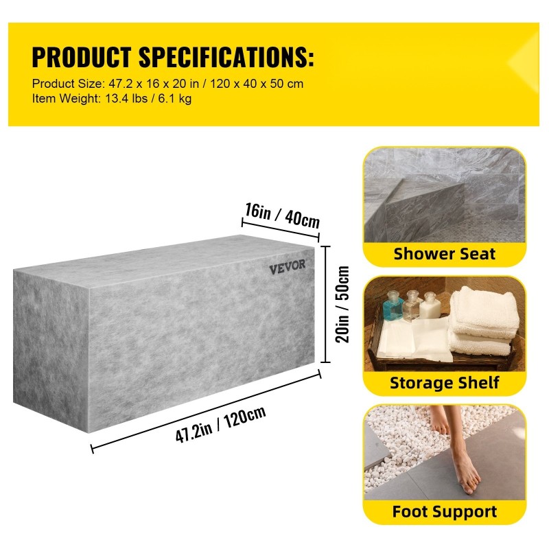 Laatoitettava EPS-komposiittinen suihkupenkki 120x40x50 cm 200 kg kantavuus