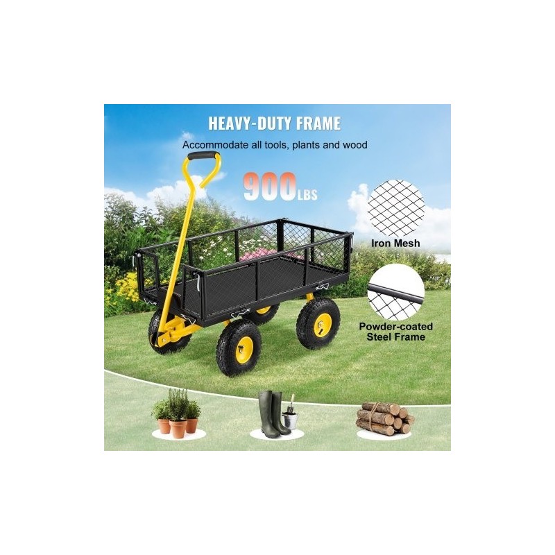 Teräs puutarhavaunu 408 kilogramman kantavuudella irrotettavilla verkkolaidoilla kääntyvällä vetoaisalla 25,4 senttimetrin