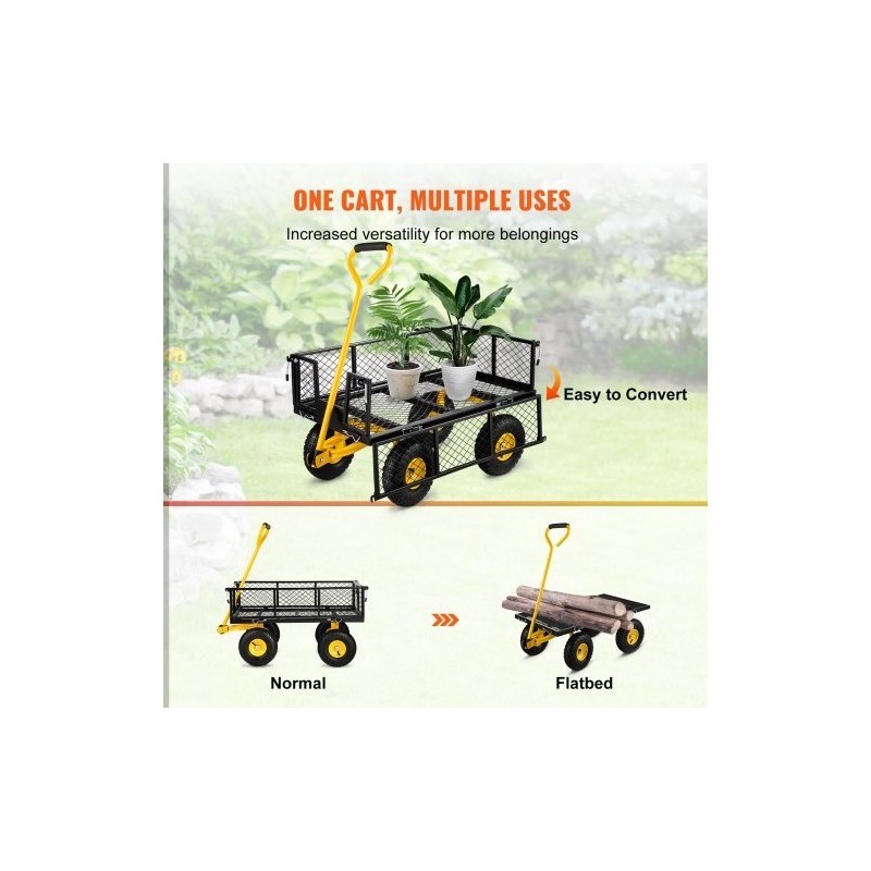 Teräs puutarhavaunu 408 kilogramman kantavuudella irrotettavilla verkkolaidoilla kääntyvällä vetoaisalla 25,4 senttimetrin