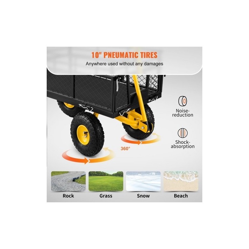 Teräs puutarhavaunu 408 kilogramman kantavuudella irrotettavilla verkkolaidoilla kääntyvällä vetoaisalla 25,4 senttimetrin