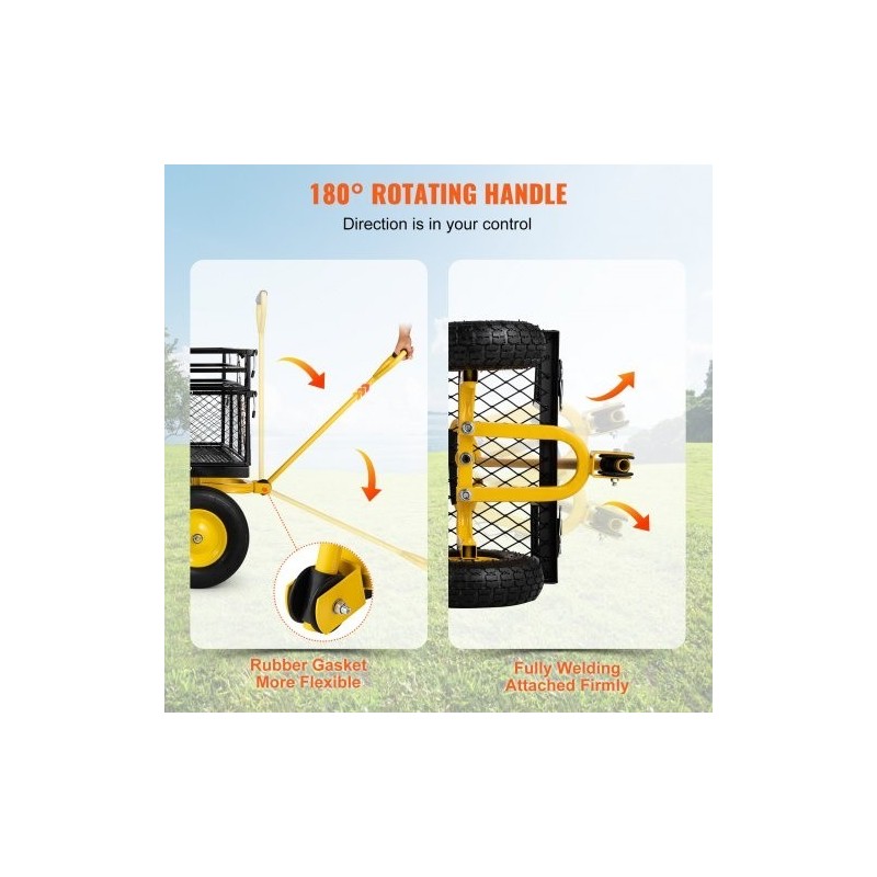 Teräs puutarhavaunu 408 kilogramman kantavuudella irrotettavilla verkkolaidoilla kääntyvällä vetoaisalla 25,4 senttimetrin