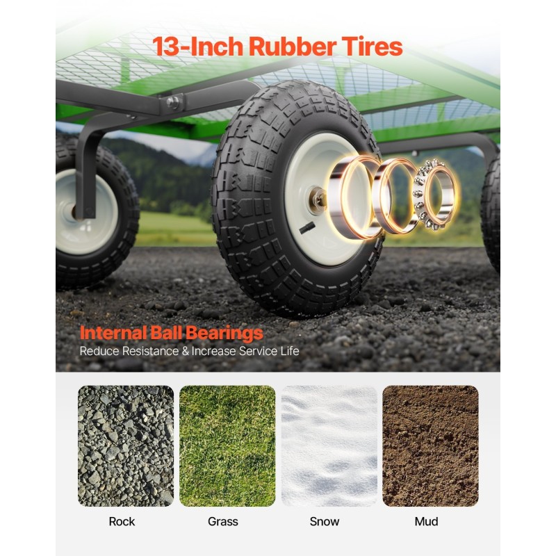 Teräksinen puutarhavaunu 544 kilogramman kantavuus irrotettavat verkkolaidat 13 tuuman renkailla