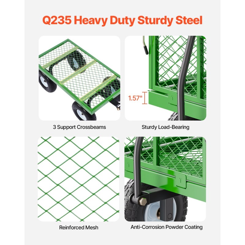 Teräksinen puutarhavaunu 308 kg kantavuus irrotettavat sivulaidat 10 tuuman renkailla