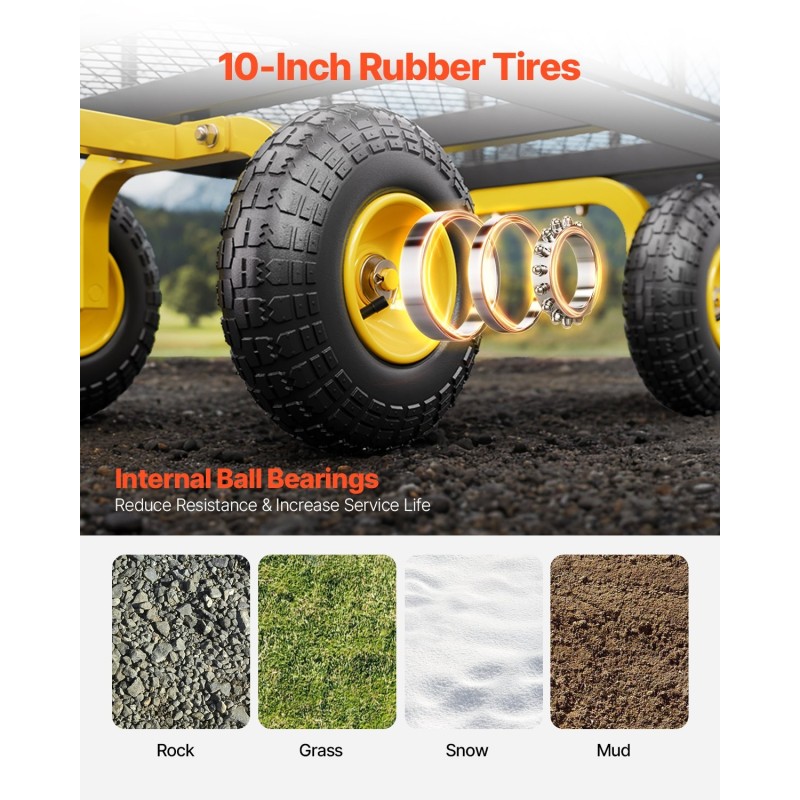 Teräksinen puutarhavaunu 226 kg kantavuus irrotettavat laidat 10-tuumaiset maastorenkaat säädettävä kahva