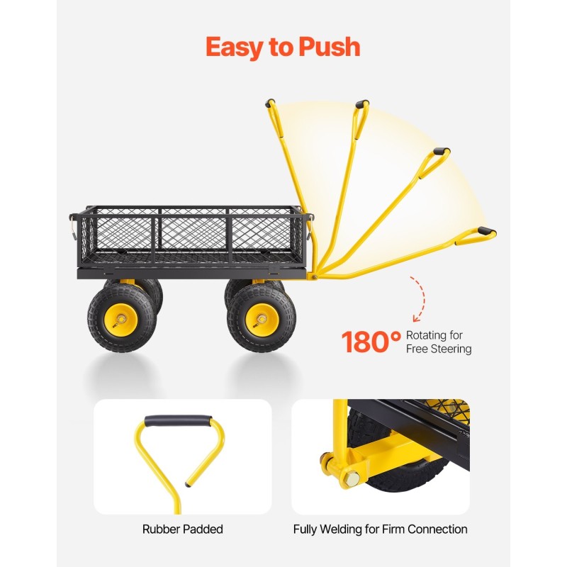 Teräksinen puutarhavaunu 226 kg kantavuus irrotettavat laidat 10-tuumaiset maastorenkaat säädettävä kahva