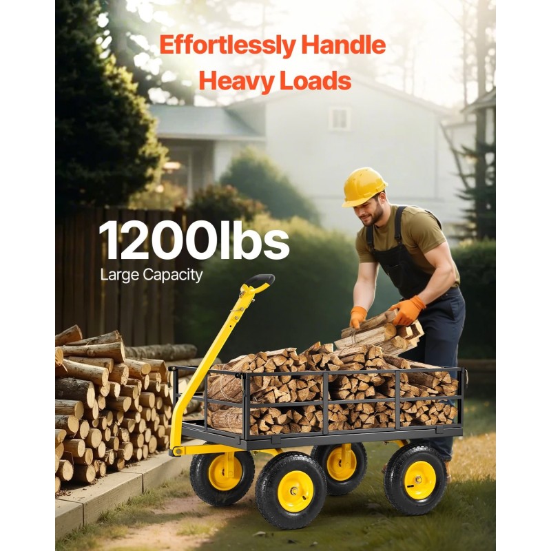 Teräksinen puutarhavaunu 544 kg kantavuus 13-tuumaisilla maastorenkailla irrotettavilla verkkosivuilla kaksoiskäyttöisellä