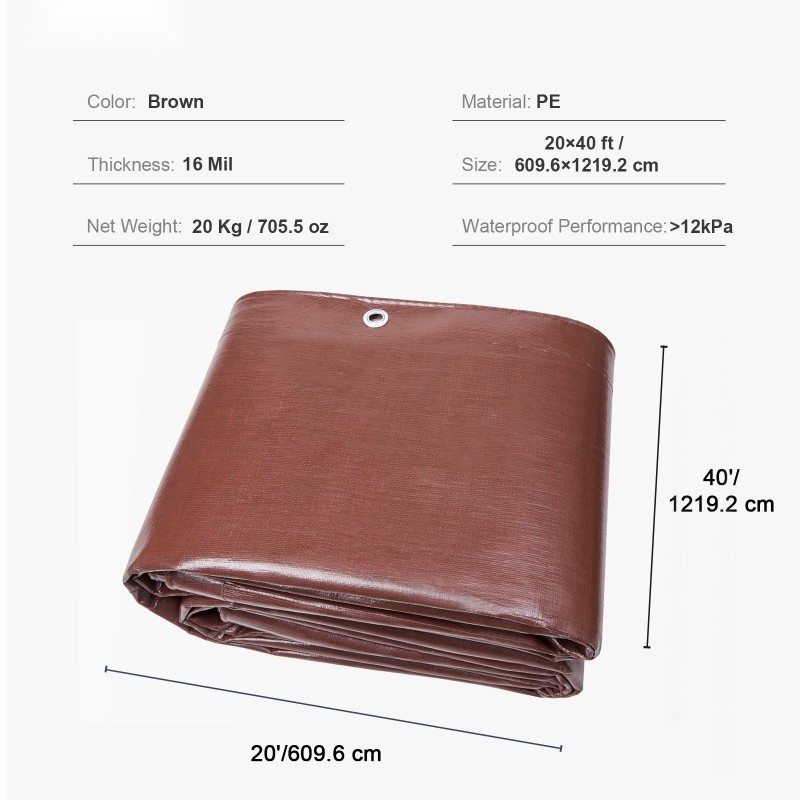 Polyeteenipressu 609,6 x 1219,2 cm 0,41 mm vedenpitävä ruskea purjerenkailla