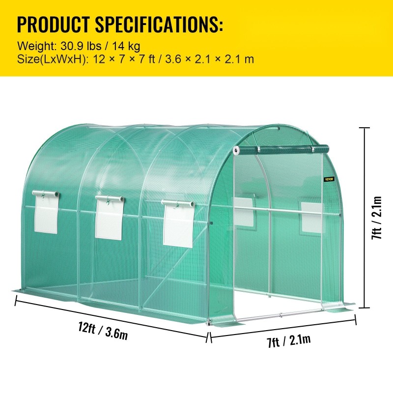 Tunnelikasvihuone galvanoitu teräsrunko koko 3,7 x 2,1 x 2,1 m 6 verkkoikkunaa