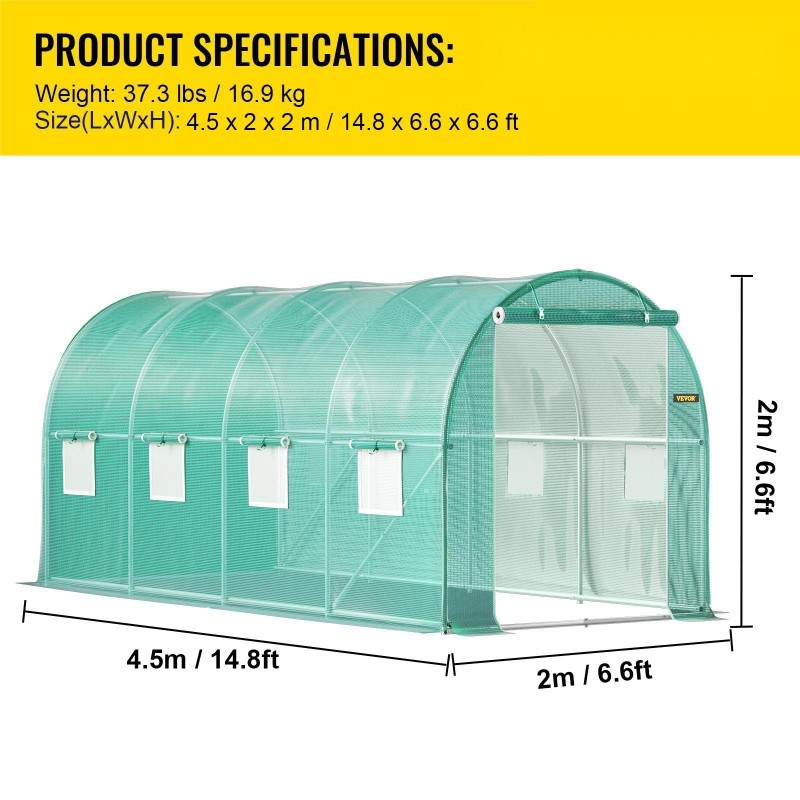 Tunnelikasvihuone galvanoidut teräskaaret PE-peite 140 g/cm³ 4,5x2x2 m vihreä
