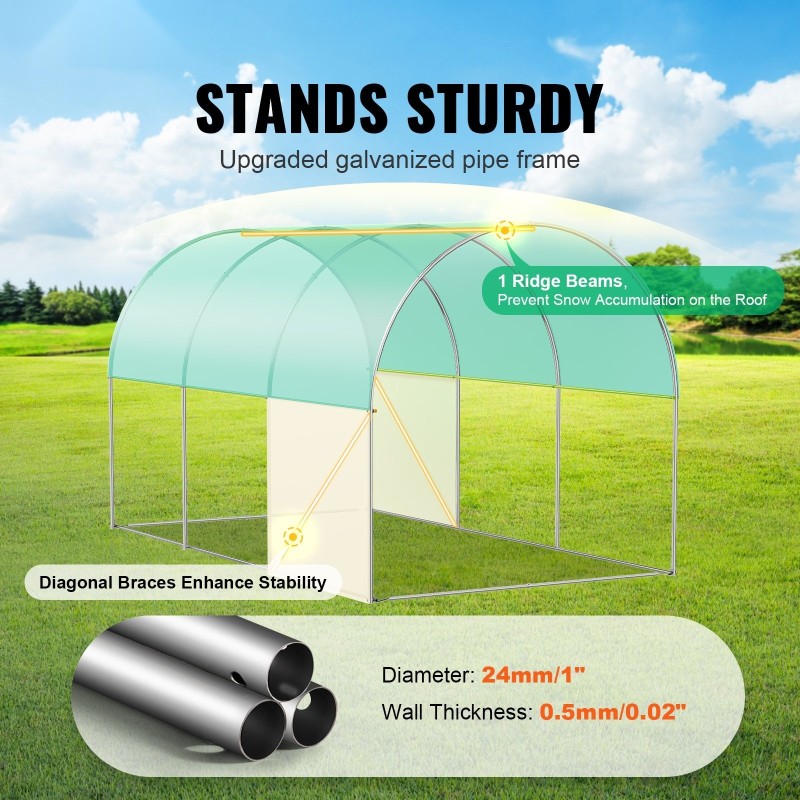 Tunnelikasvihuone galvanoitu teräsrunko 345x195x192 cm vihreä PE-peite rullattava vetoketjuovi verkkoikkunat