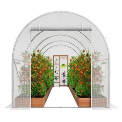 Tunnelikasvihuone 445 194 192 cm sinkitty teräsrunko valkoinen polyeteenipeite rullattava vetoketjuovi kahdeksalla ikkunalla