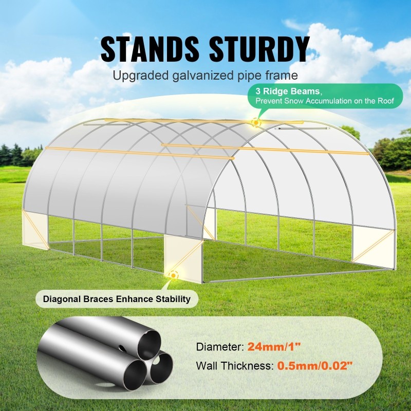 Tunnelikasvihuone sinkitty teräsrunko valkoinen PE-muovi 590x295x198 cm rullattava vetoketjuovi 12 verkkoikkunaa