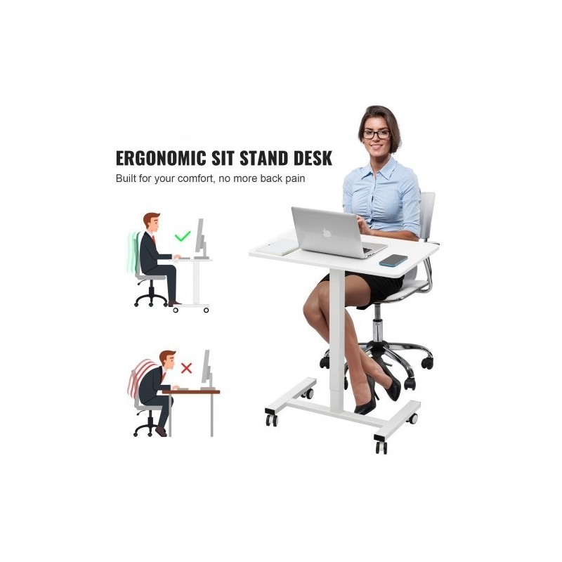 Korkeussäädettävä istuma-seisomatyöpöytä lastulevy pöytätaso hiiliteräsjalat kaasujousi 4 kääntyvää pyörää 2 lukittavaa