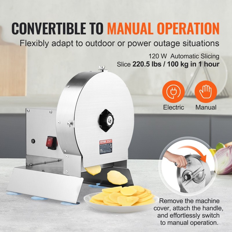 Vihannesleikkuri ruostumattomasta teräksestä säädettävä 0–12 mm sähköinen ja käsikäyttöinen