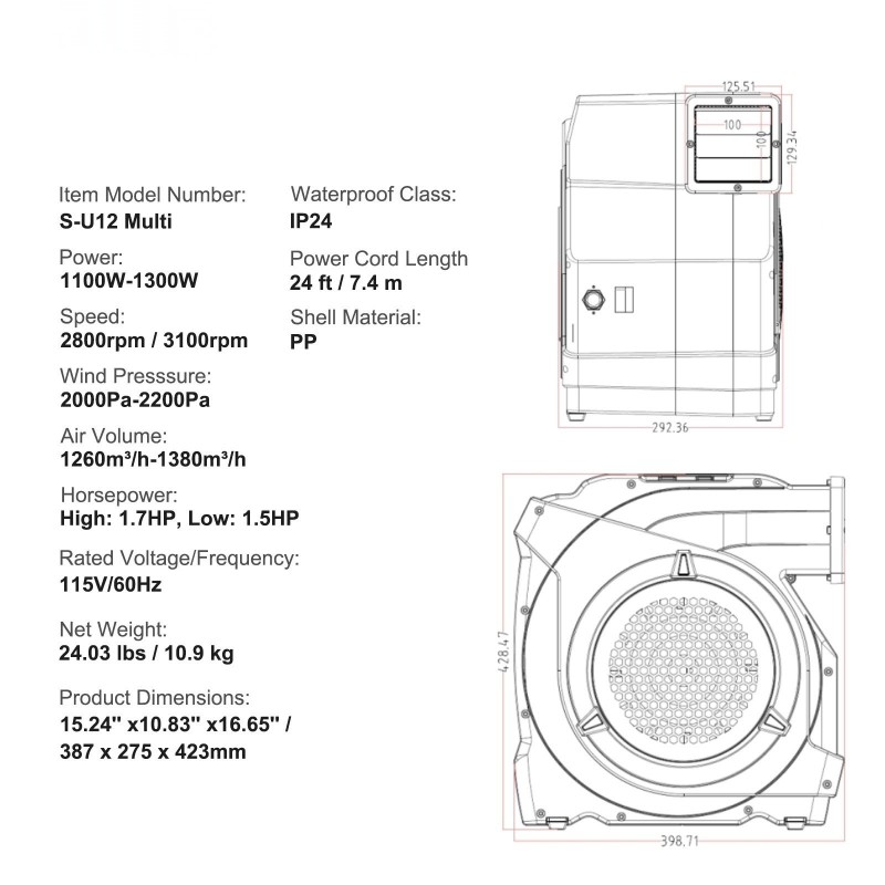 Sähköinen ilmapuhallin 1100 wattia pomppulinnoille ja vesiliukumäille