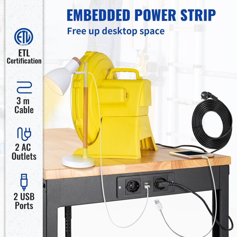 Säädettävä työpöytä tammitaso teräsrunko 155 x 51 cm korkeus 80–105 cm virtalista