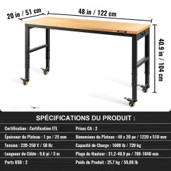 Säädettävä työpöytä tammitasolla 122 cm leveä 51 cm syvä 79–104 cm korkeus