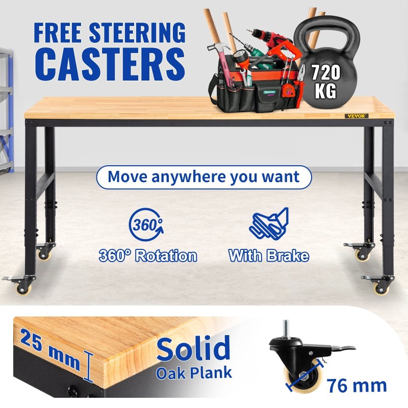 Korkeussäädettävä työpöytä tammitaso 122 x 61 cm 79–104 cm 720 kg