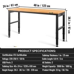 Työpöytä tammikansi 122 x 61 cm säädettävä 72–97 cm 900 kg pistorasioilla