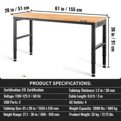 Säädettävä työpöytä tammilauta 154,9x50,8 cm teräsrunko 688–910 mm integroitu virtapaneeli