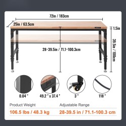 Korkeussäädettävä työpöytä massiivipuinen tammityötaso hiiliteräsrunko 1829 x 635 mm