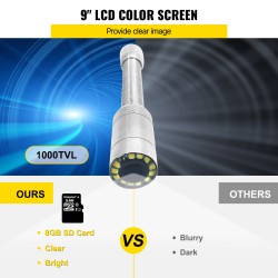 Putkistokamera 20m työntökaapeli vesitiivis ruostumaton teräs 9 tuuman näyttö 4500mAh akku