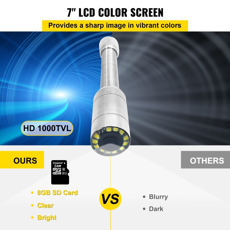 Putkikamera 7-tuumainen näyttö 30 m kaapeli IP68 ruostumaton teräs 4500mAh akku DVR-tallennus
