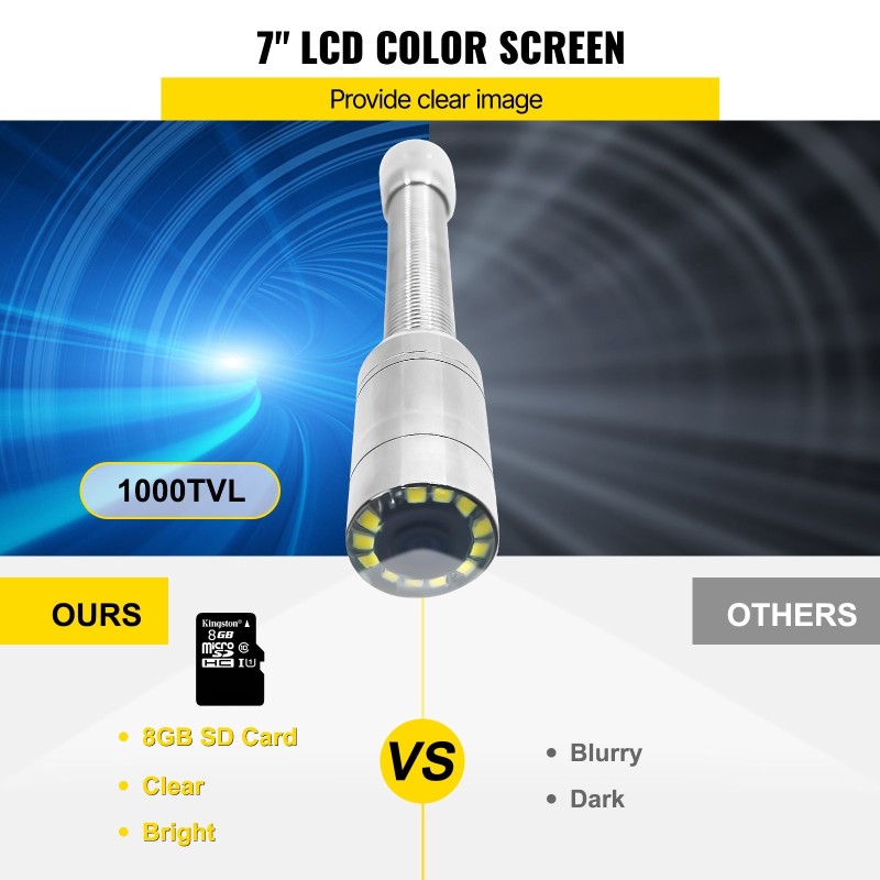 Putkikamera ruostumattomasta teräksestä vesitiivis kaksikymmenmetrin kaapelilla seitsemän tuuman näytöllä