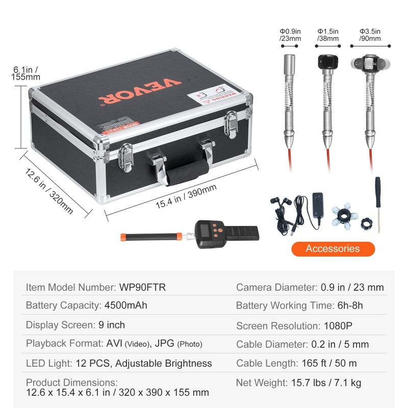 Viemärikamera viidenkymmenen metrin kaapeli yhdeksän tuuman näyttö viisisataakaksitoista hertsin paikannin