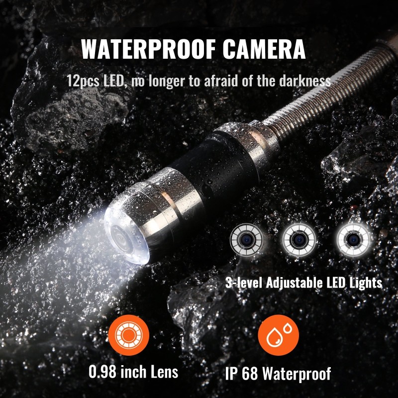 Viemärikamera 50 metrin kaapelilla IP68 7-tuumainen näyttö tallennuksella 16 gigatavun SD-kortilla