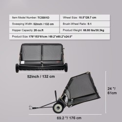 Vedettävä nurmikkoharja 132 cm leveä säädettävä harjauskorkeus 26 kuutiojalkaa keruupussi