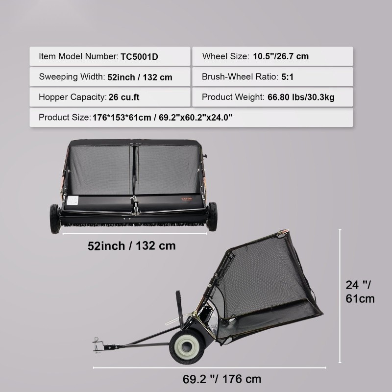 Vedettävä nurmikkoharja 132 cm leveä säädettävä harjauskorkeus 26 kuutiojalkaa keruupussi